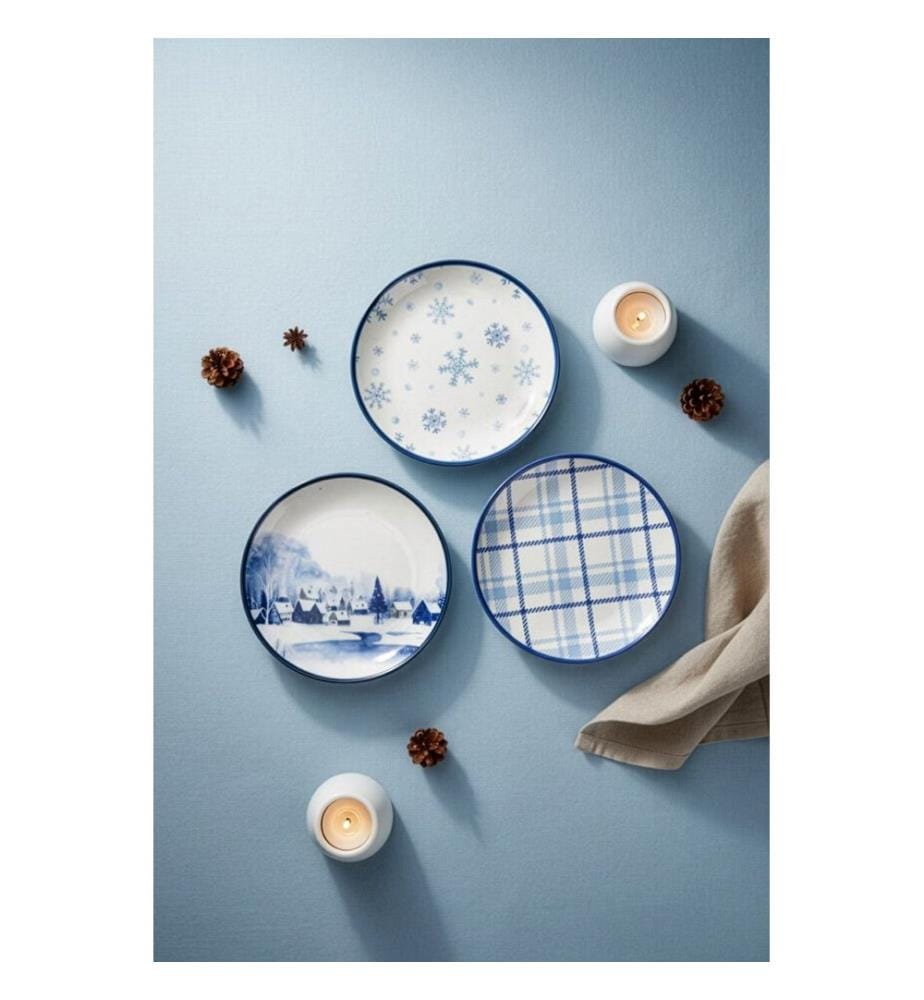 Frühstücksset, 14-teilig, 100 % Porzellan, Blau, Weiss, Grün