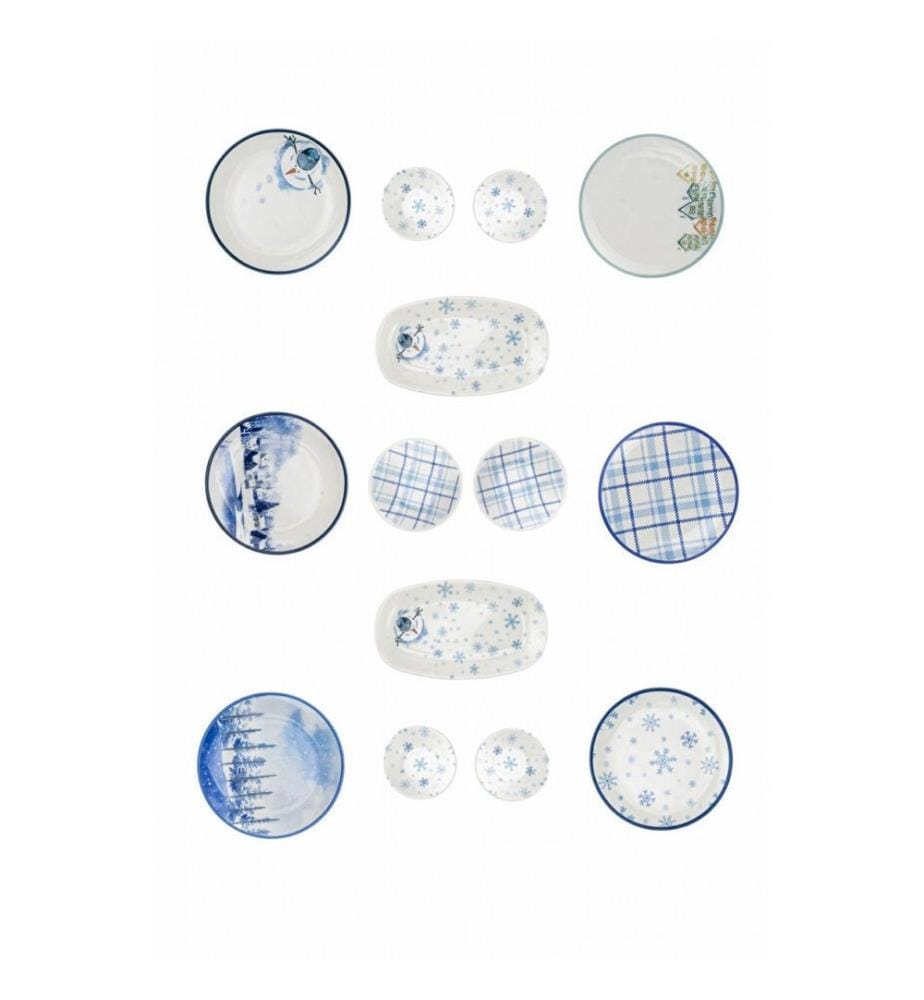 Frühstücksset, 14-teilig, 100 % Porzellan, Blau, Weiss, Grün