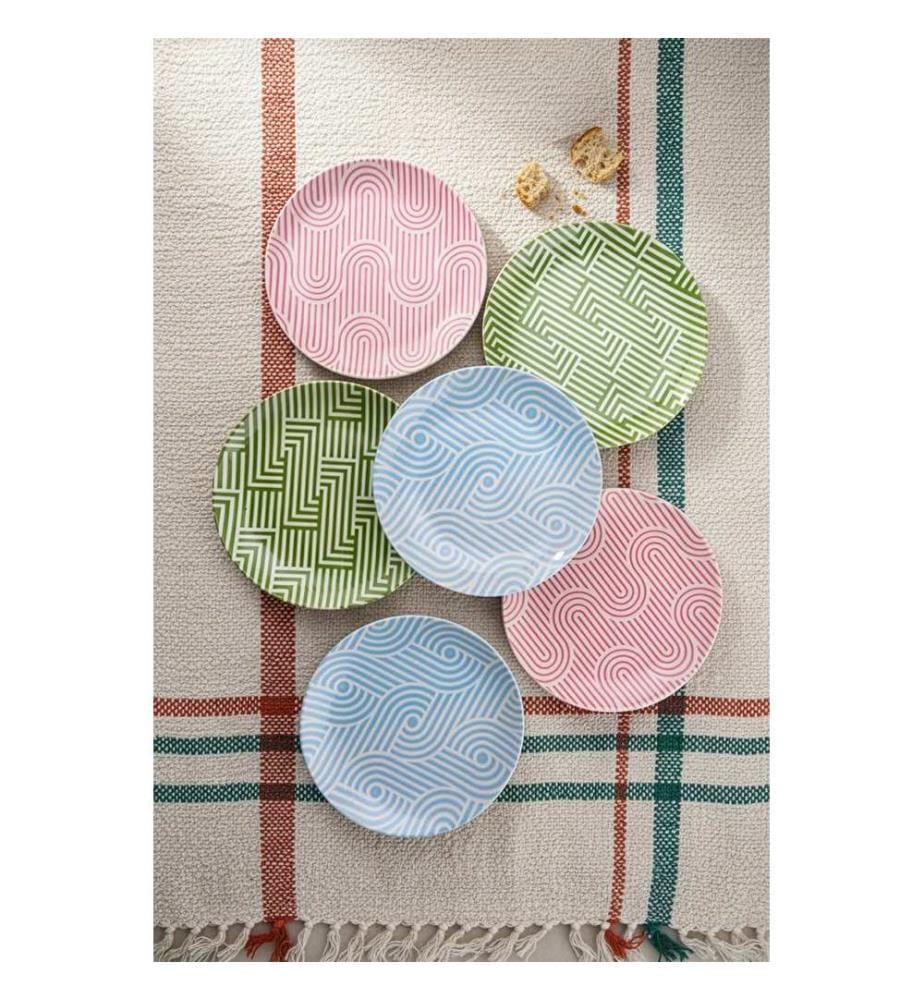 Service d'assiettes à dessert, 6 pièces, 100 % porcelaine, rose, bleu, vert