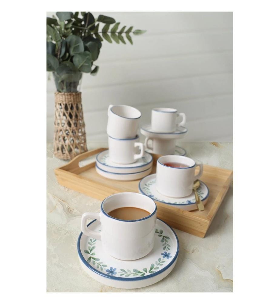 Teetassenset, 12-teilig, 100 % Steingut, Weiss, Blau, Grün