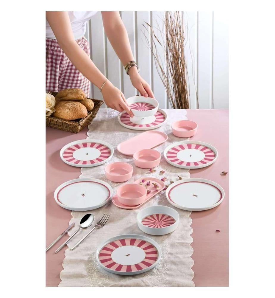 Service à petit-déjeuner, 14 pièces, 100 % céramique, rose, rouge