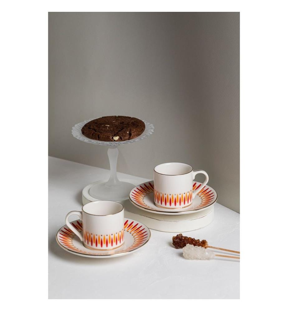 Kaffeetassen-Set, 4-teilig, 100 % Porzellan, Weiss, Gold, Orange, Rot