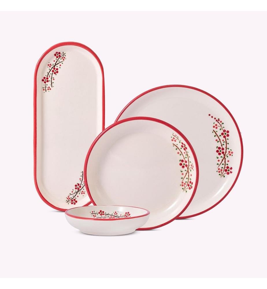 Service à petit-déjeuner, 14 pièces, 100 % céramique, rouge