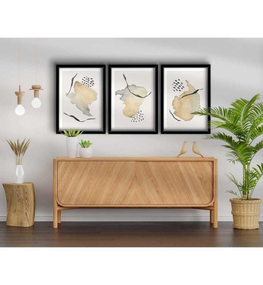 Dekorative gerahmte MDF-Gemälde, 3 Stück, Beige, Grau, Weiss, Schwarz, 100% MDF, Holzrahmen