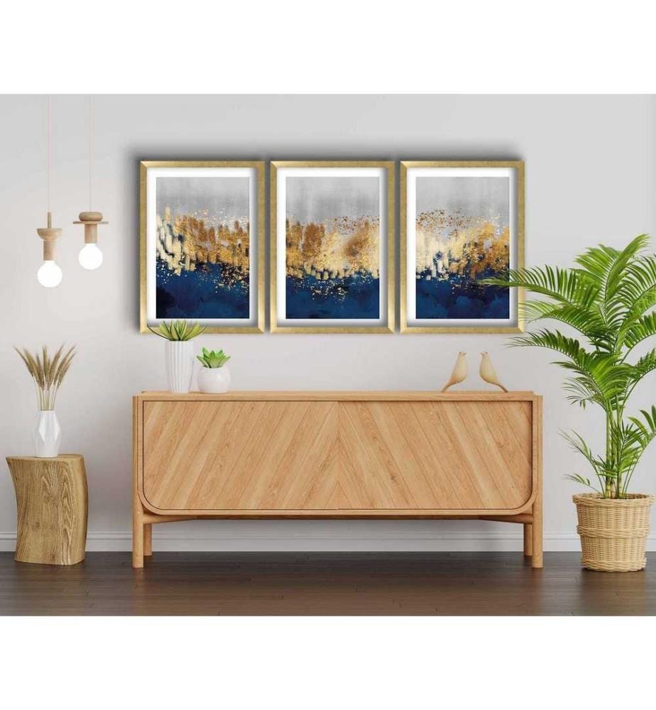 Dekorative gerahmte MDF-Gemälde, 3 Stück, Gold, Marineblau, Grau, 100% MDF, Holzrahmen