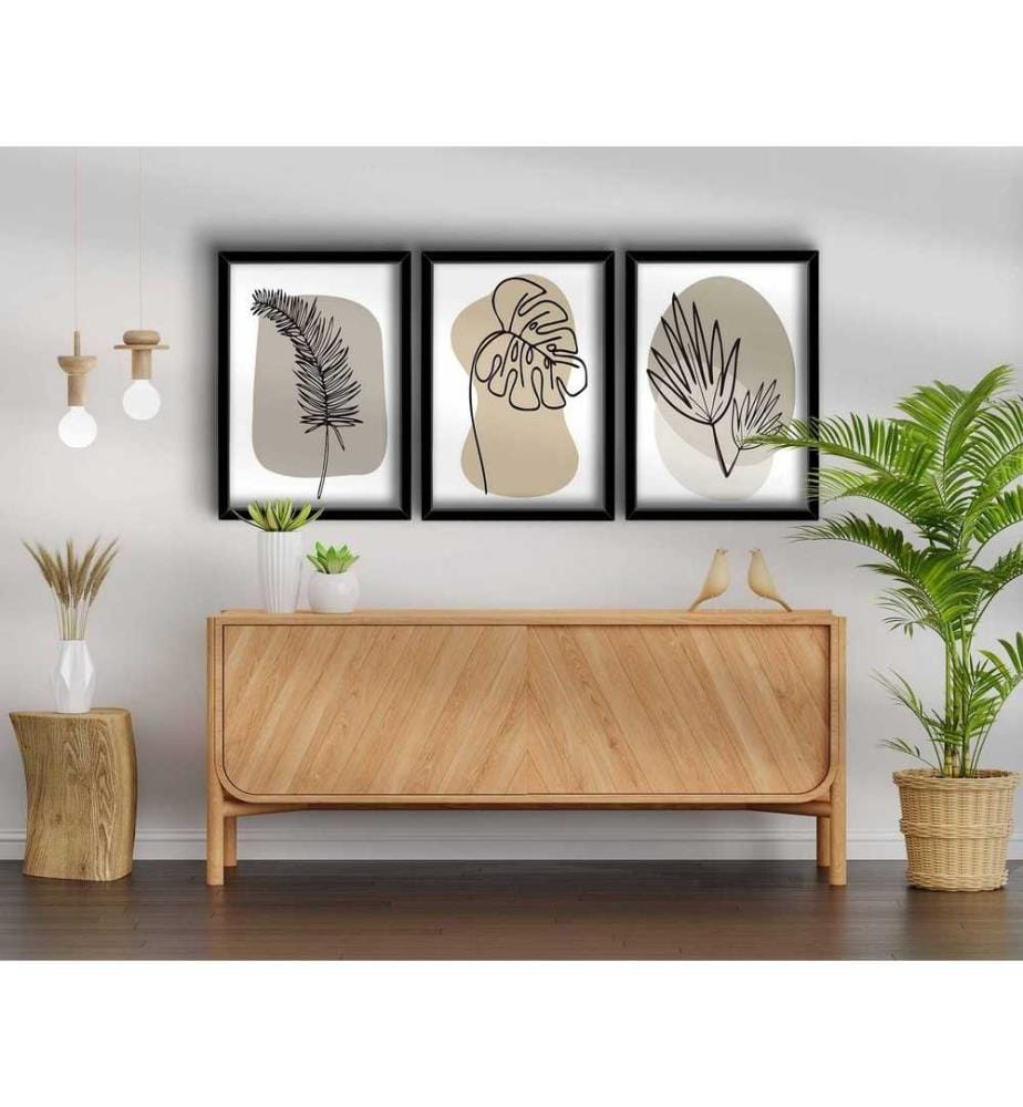 Dekorative gerahmte MDF-Gemälde, 3 Stück, Beige, Weiss, Schwarz, 100% MDF, Holzrahmen