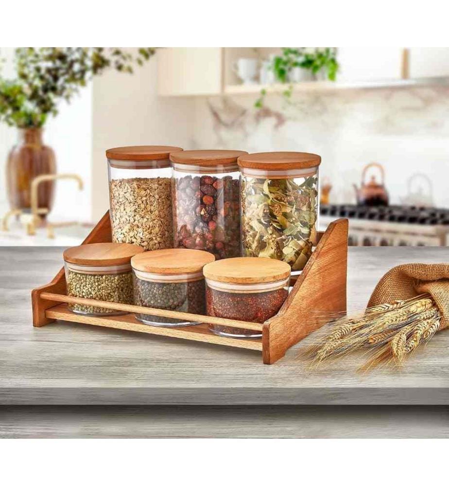 Spice Jar & Kitchen Shelf Set, Wooden Transparent, Plastic Jar, Wooden Stand
