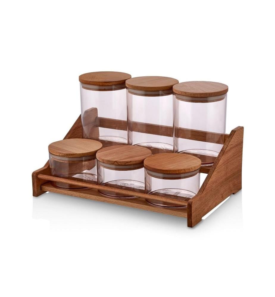 Spice Jar & Kitchen Shelf Set, Wooden Transparent, Plastic Jar, Wooden Stand