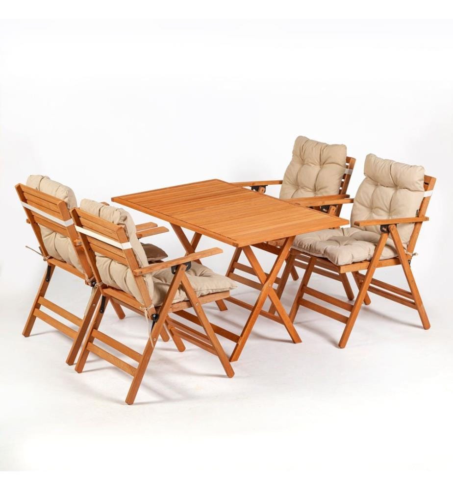 Ensemble table et chaises de jardin , 5 pièces, Naturel, Crème, Hêtre