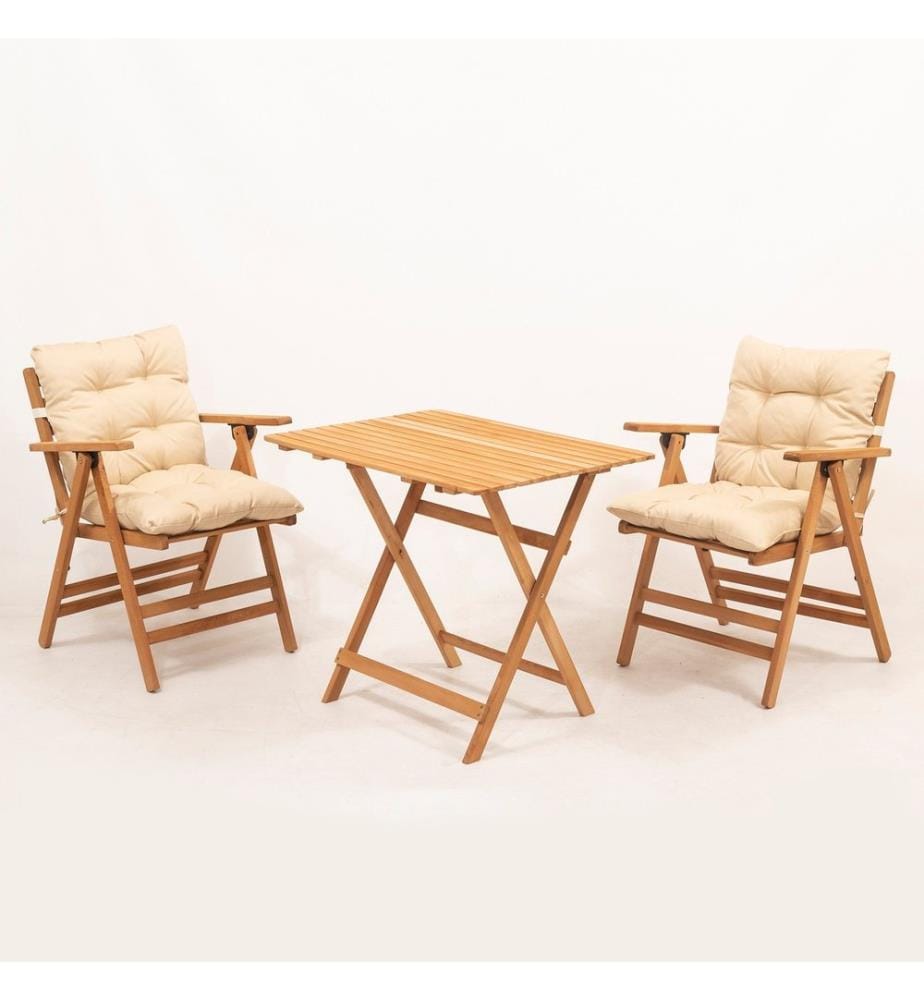 Ensemble table et chaises de jardin , 3 pièces, Naturel, Crème, Hêtre