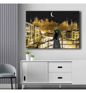 Quadro decorativo su tela, oro, blu, bianco, nero, tela, telaio in legno di pino