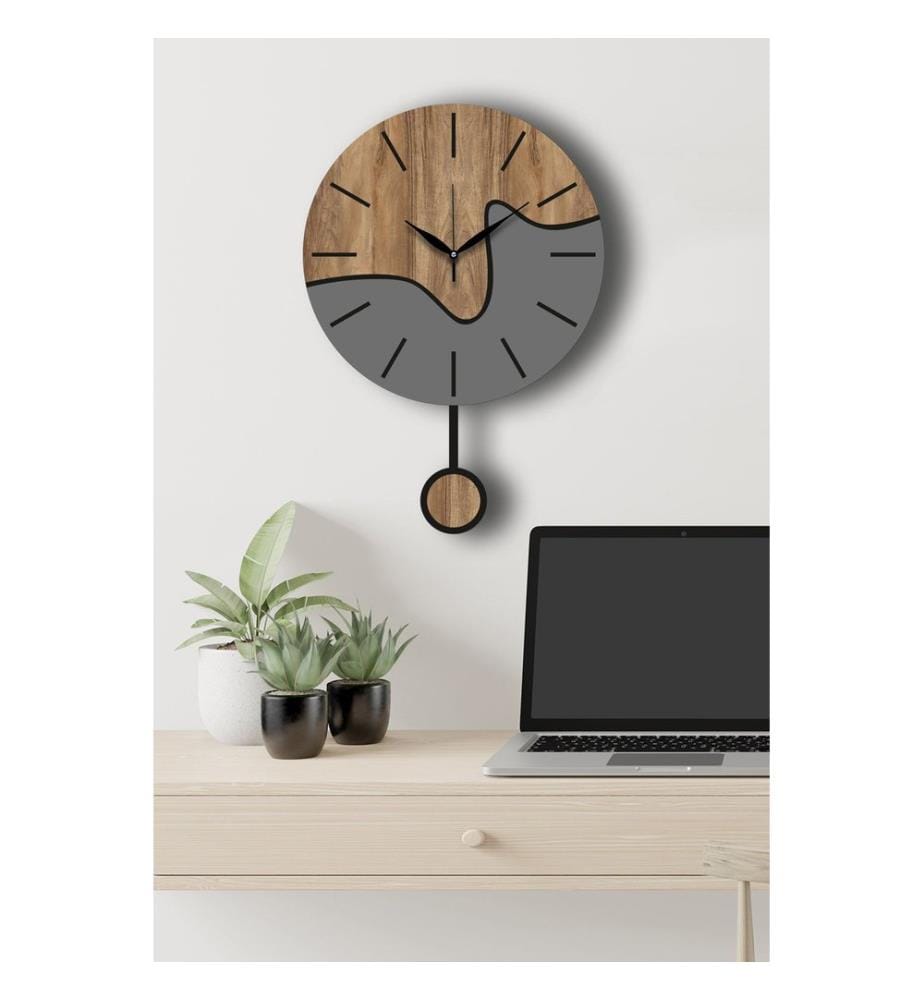 Decorative Wall Clock, Walnut, Grey, 100% MDF