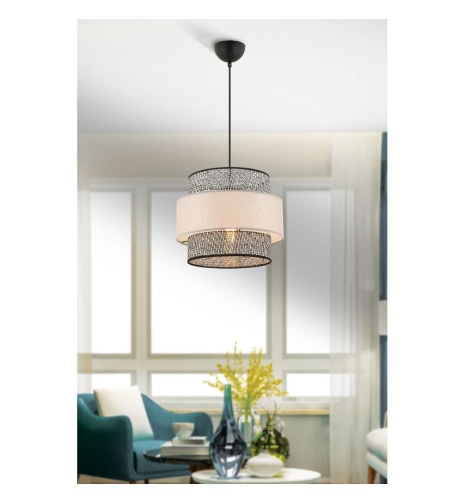Kronleuchter, grau, beige, Metallkörper, Stoffkappe