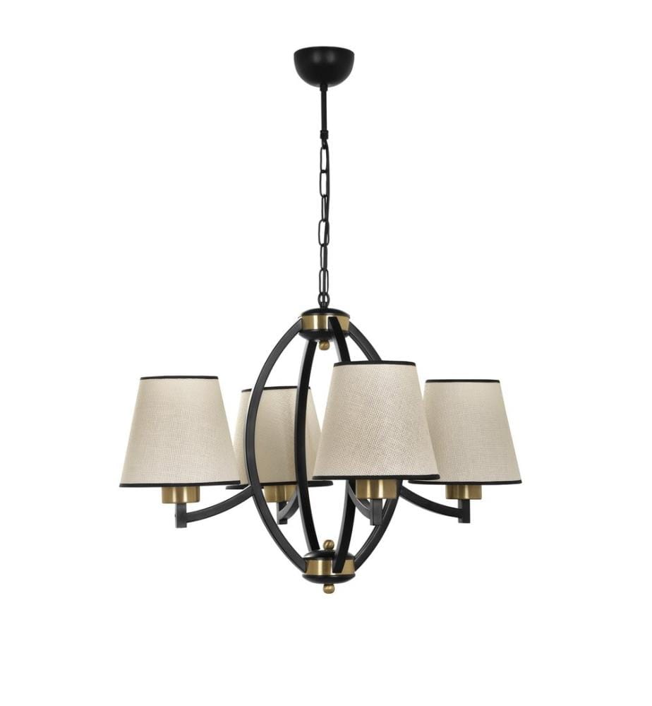 Kronleuchter, Beige, Schwarz, Gold, Metallgehäuse, Stoffkappe