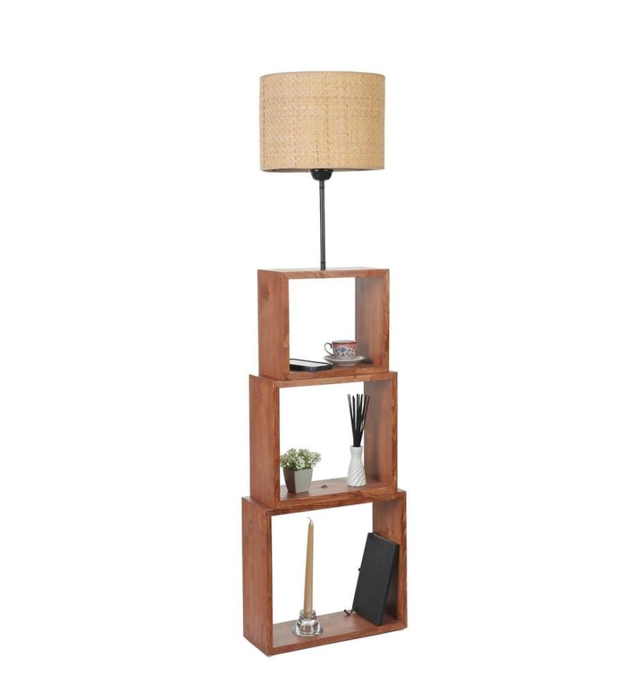 Stehleuchte, Walnuss, Beige, Metallkörper / Holzkörper, Stoffkappe