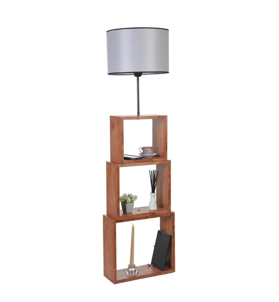 Stehleuchte, Nussbaum, Grau, METALLGEHÄUSE / HOLZGEHÄUSE, Stoffkappe