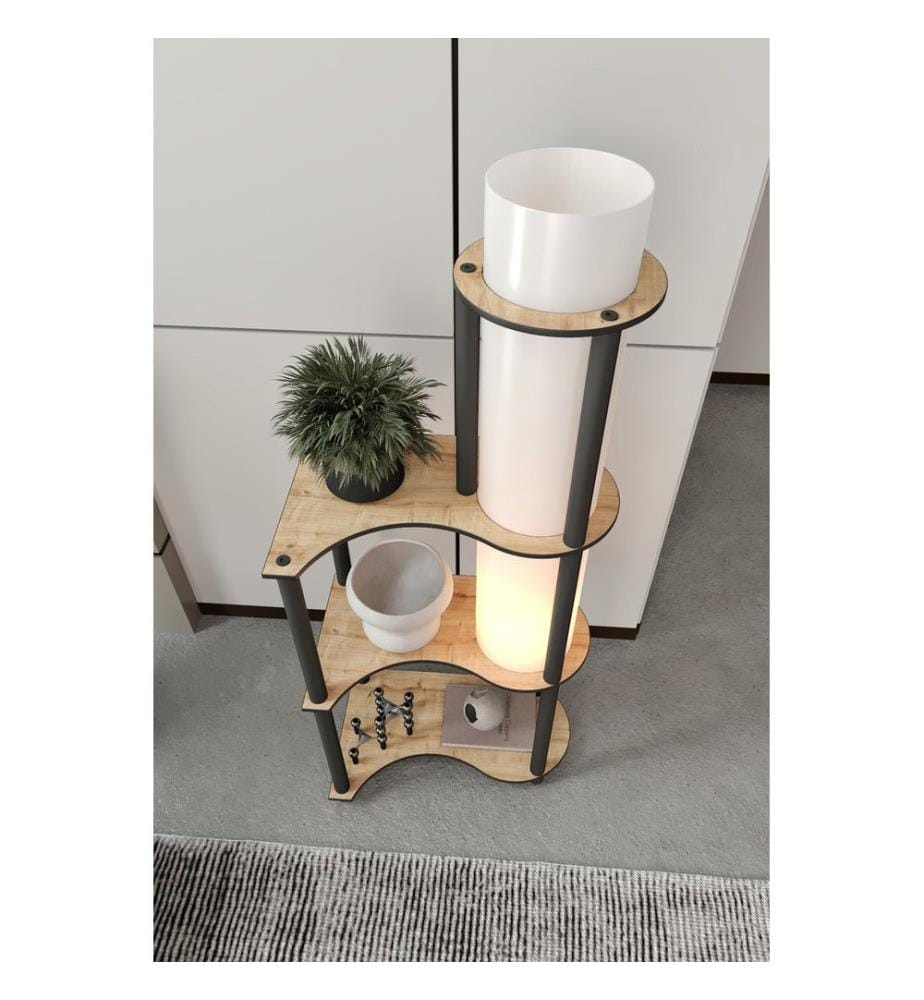 Lampada da terra, noce, corpo in carta artigianale e MDF, cappuccio in PVC
