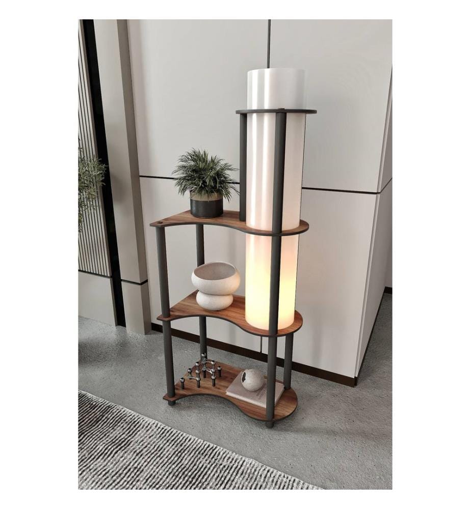 Lampadaire, noyer, corps en papier kraft et MDF, capuchon en PVC