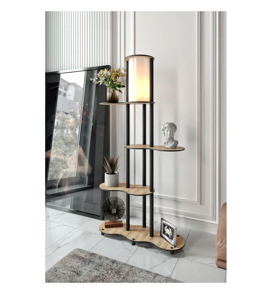Lampadaire, noyer, corps en papier kraft et MDF, capuchon en PVC