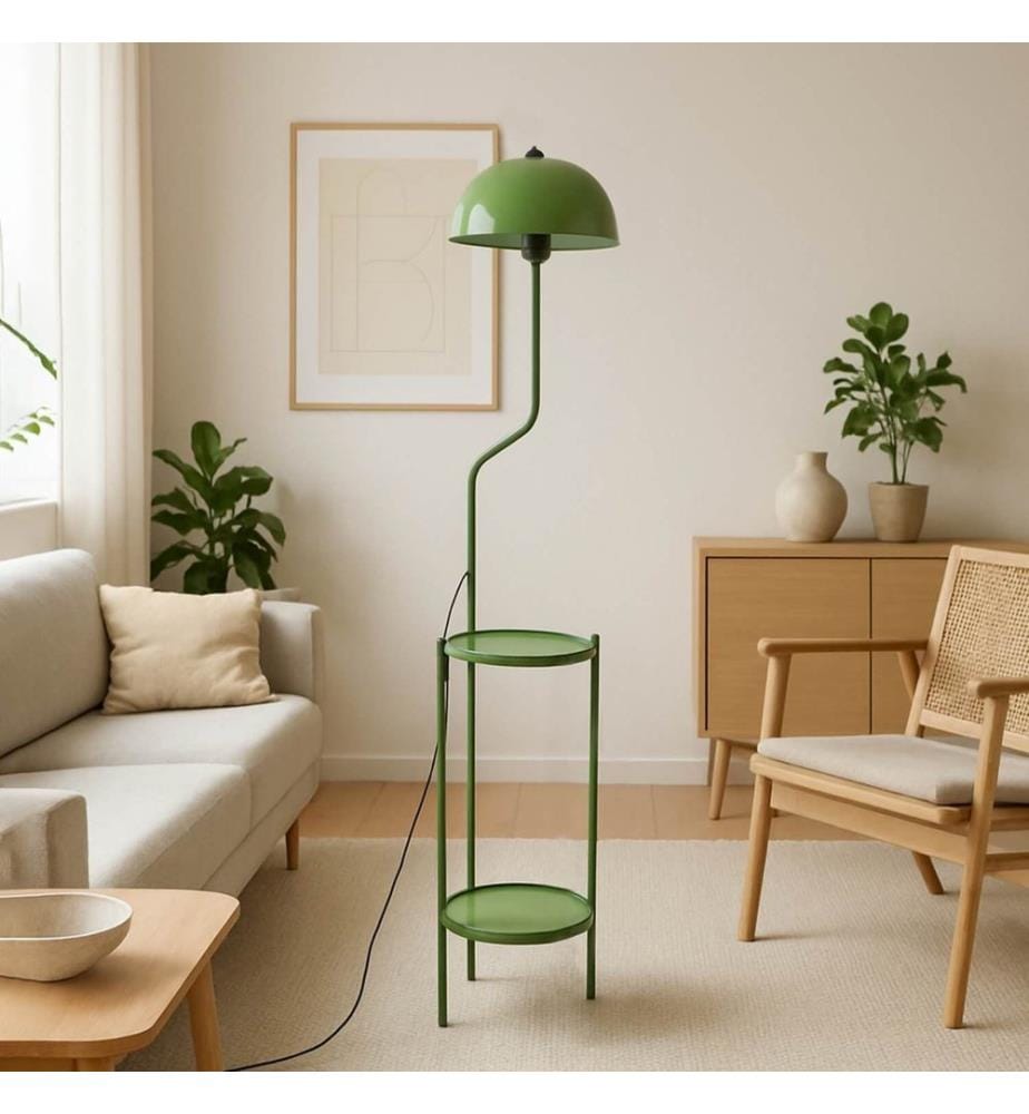 Lampada da terra, menta, corpo in metallo, cappuccio in metallo