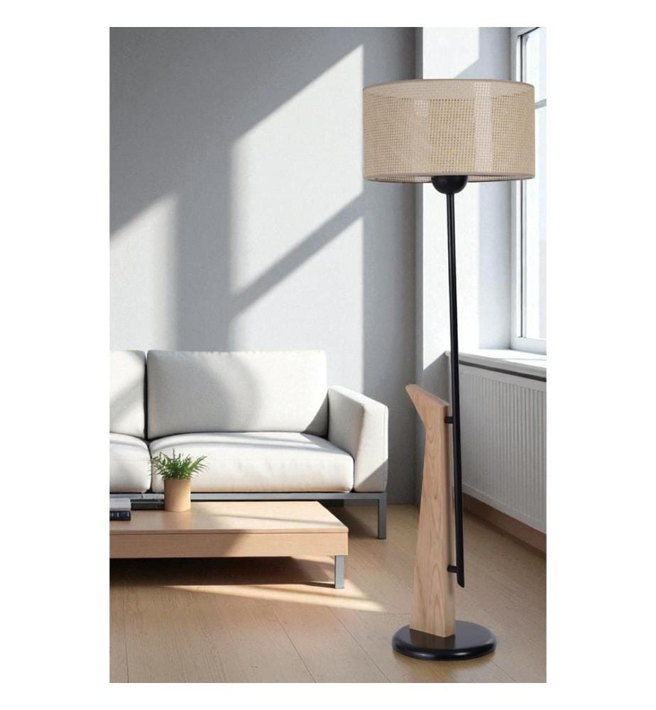 Lampadaire, beige, noir, chêne, corps en métal avec détails en bois