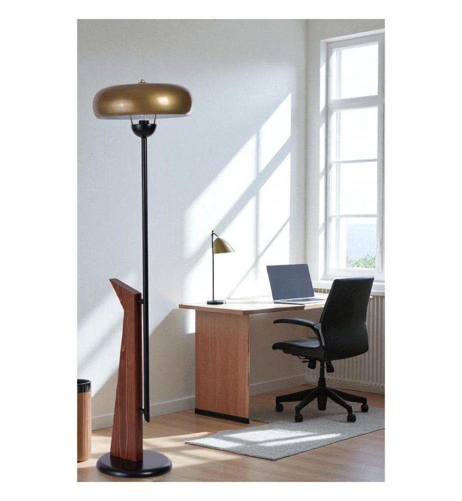 Lampadaire, or, noir, noyer, corps en métal avec détails en bois