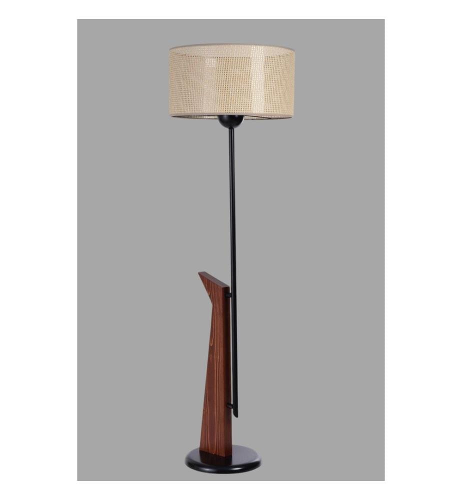 Lampada da terra, beige, nera, noce, corpo in metallo con dettagli in legno