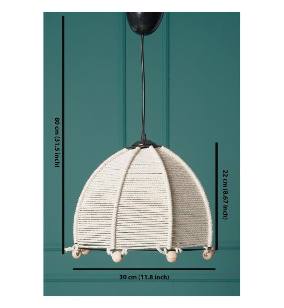 Lustre, blanc, corps en métal, capuchon en corde macramé