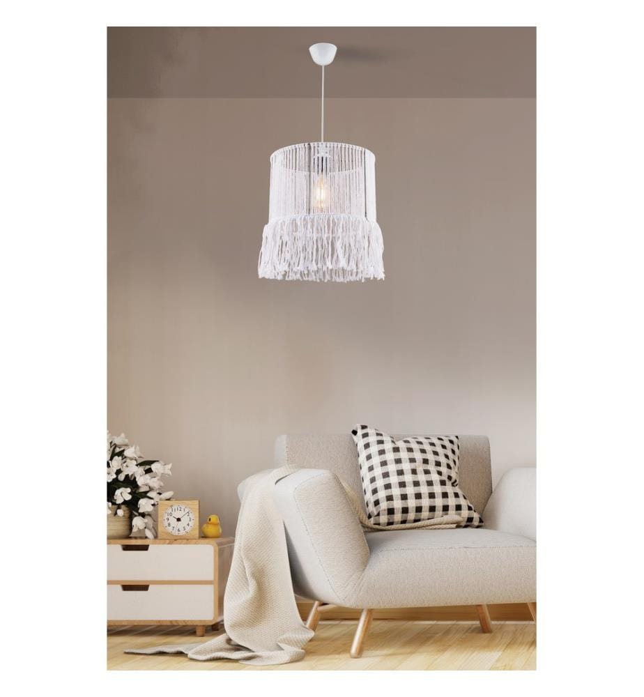 Lustre, blanc, corps en métal, capuchon en corde de macramé
