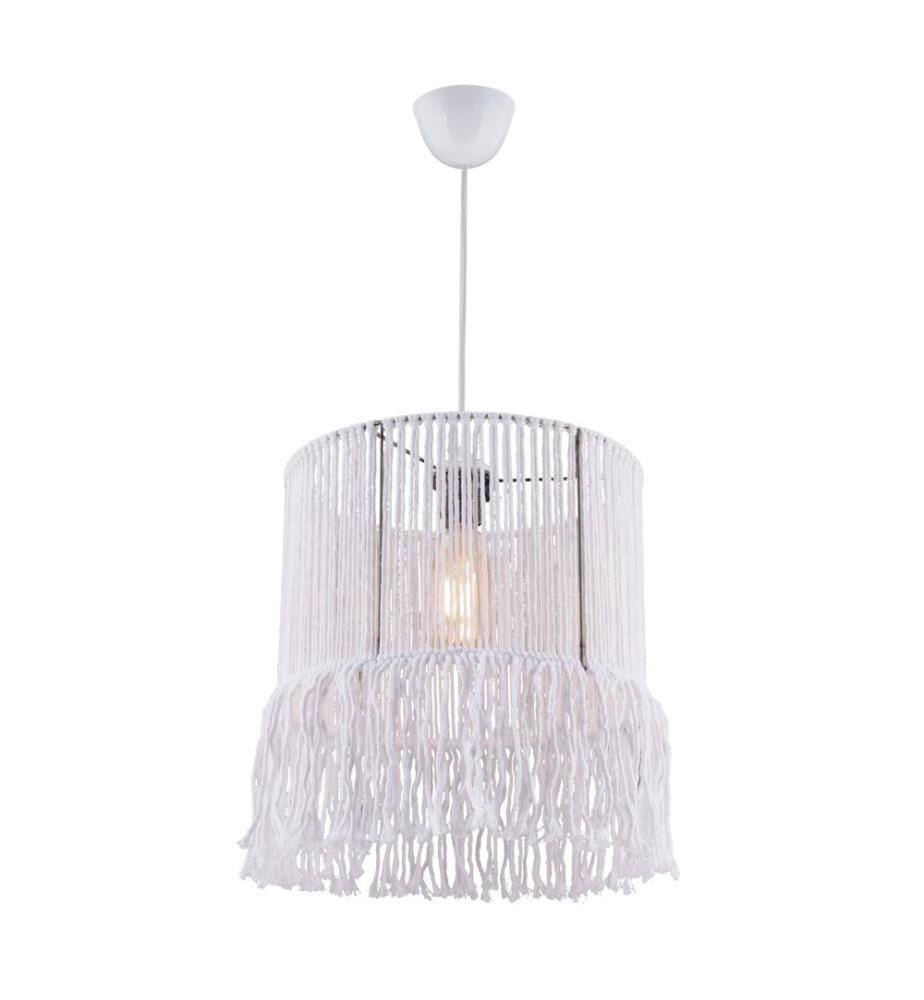 Lustre, blanc, corps en métal, capuchon en corde de macramé