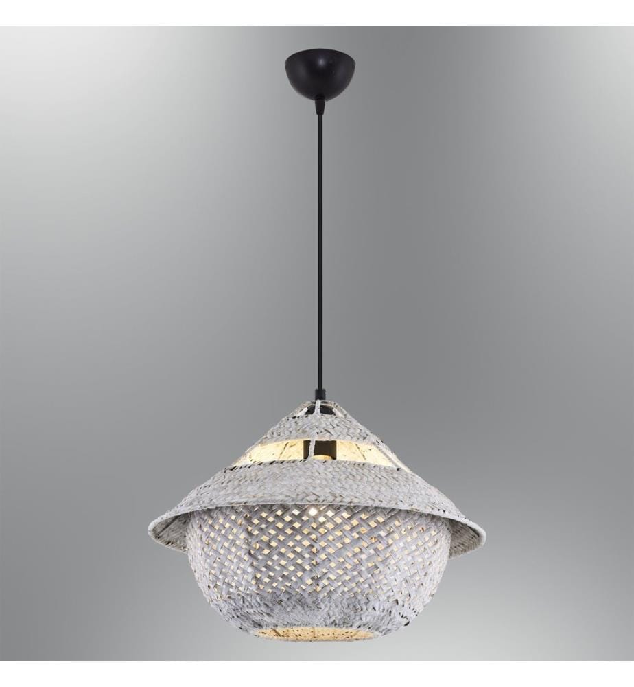 Lustre, blanc, corps en plastic / chapeau en rotin