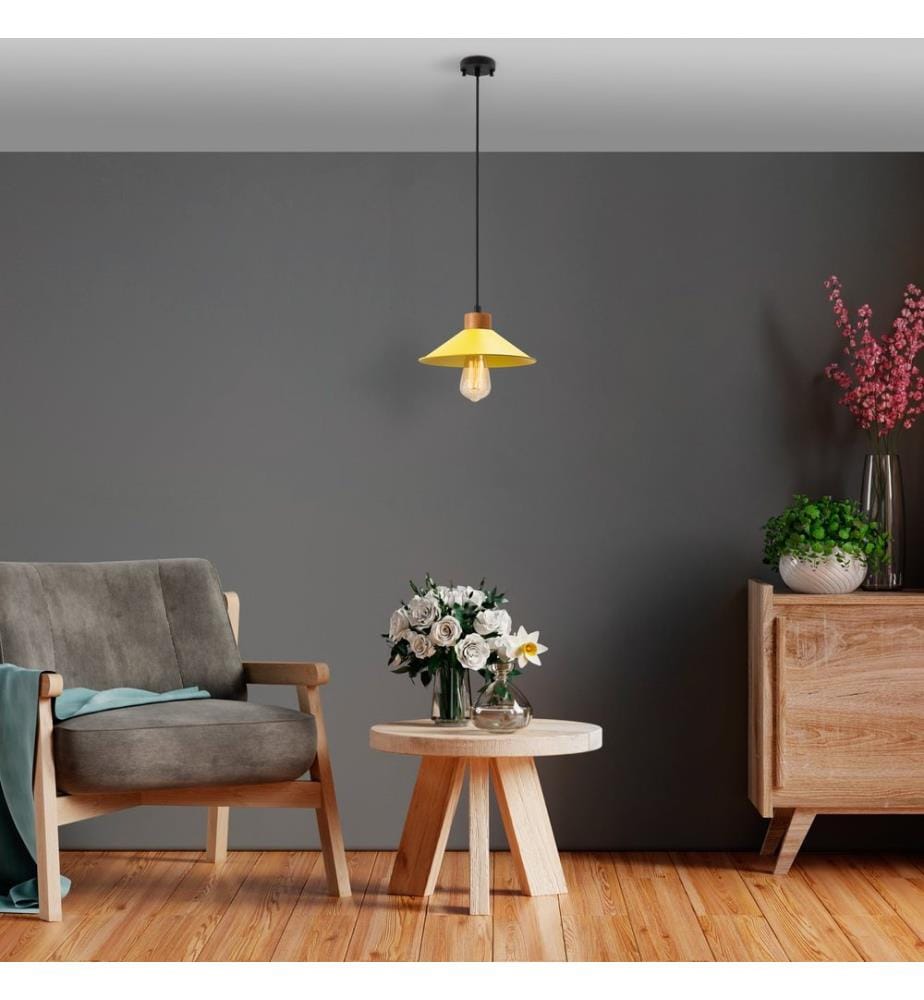 Lustre, Jaune, Corps en métal, Base en bois