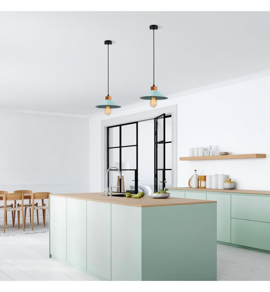 Lustre, Bleu, Corps en métal, Base en bois