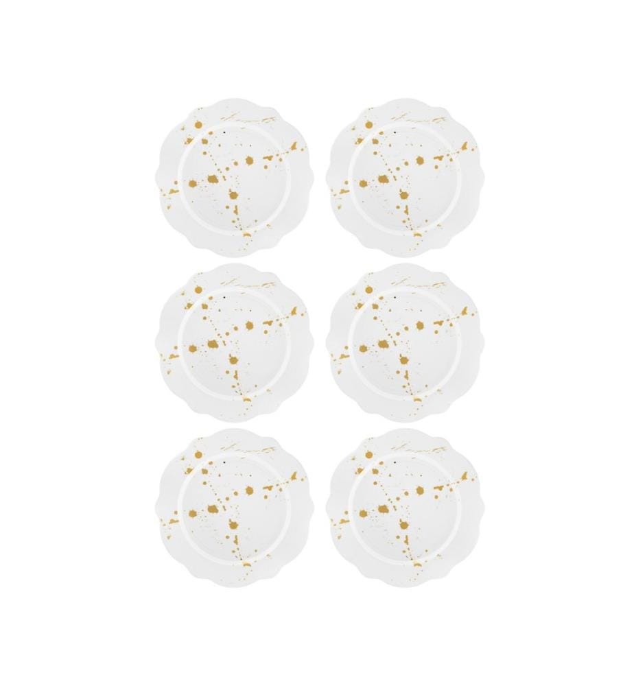 Dessert Plate Set, 6 Pieces, White, Gold, 100% Porcelain