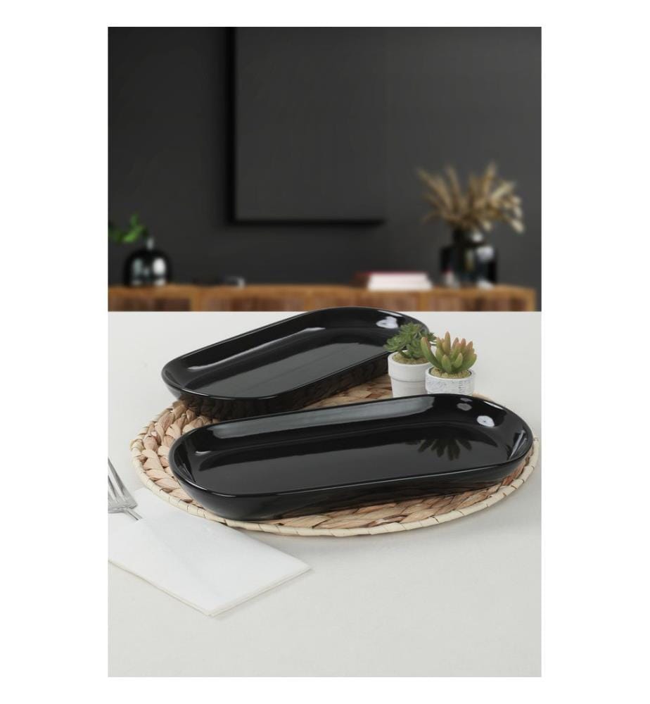 Platter Set, 2 Pieces, Black, 100% Ceramic, Antibacterial
