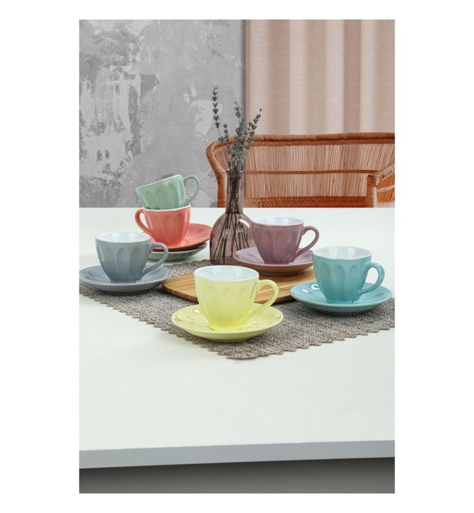 Tea Cup Set, 12 Pieces, Multicolor, Ceramic Stoneware, Does Not ABSorb Water