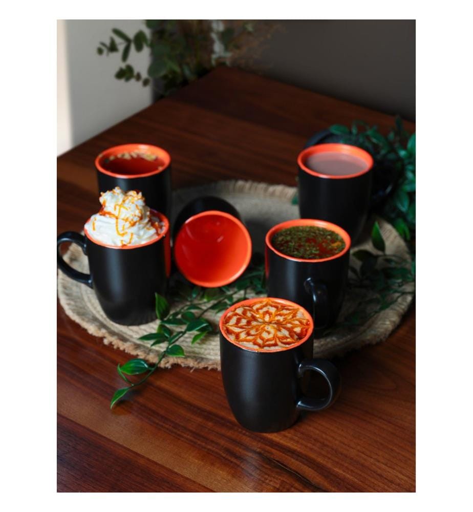 Mug Set, 6 Pieces, Black, Orange, 100% Ceramic
