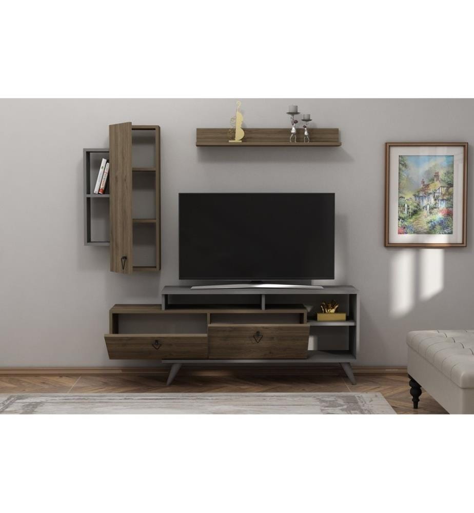 Meuble TV, Noyer, Anthracite, Panneau de particules mélaminé