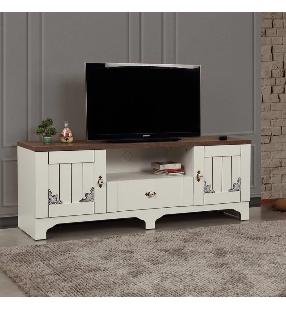 Meuble TV, Blanc, Marron, Panneau de particules mélaminé