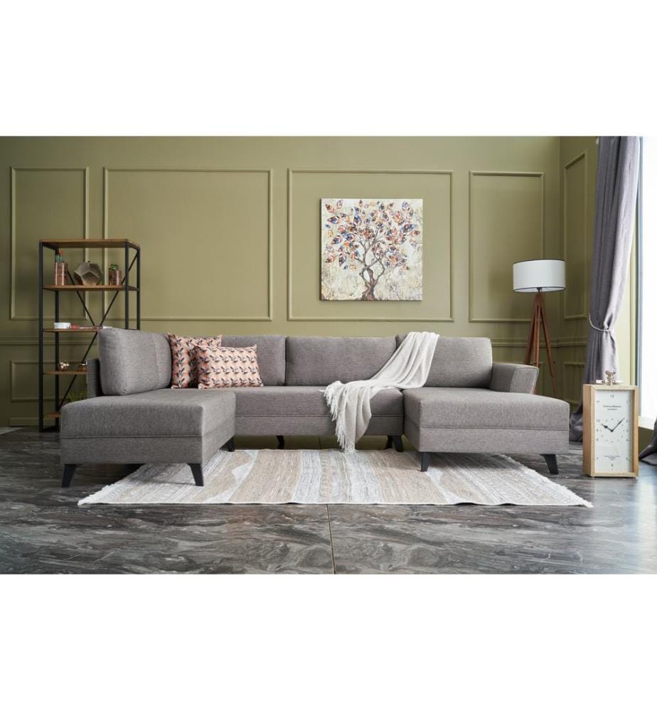 Corner Sofa-Bed, Brown, Fir Timber Frame, 50% Polyester / 50% Linen Fabric