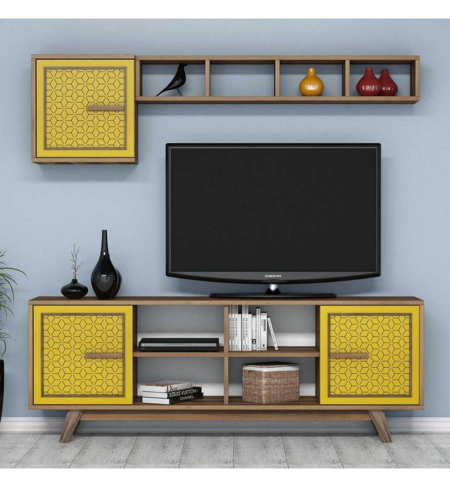 Nussbaumfarbe,Gelb, Tv Schränke, 56,2X160X35 cm, Melaminbeschichtete Partikelplatte