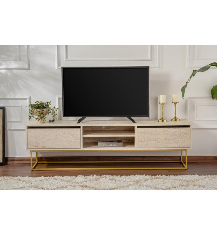 Mobile TV, travertino, oro, 100% PANTOI RIVESTITO IN MELAMMINA, gambe in ferro