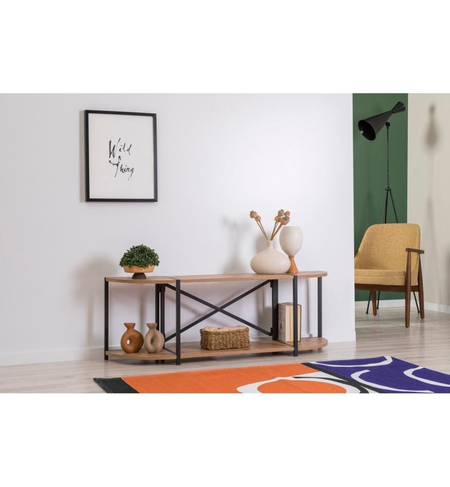 TV-Ständer, Atlantic Pine, Schwarz, Melaminharzbeschichtete Spanplatte, Metallrahmen