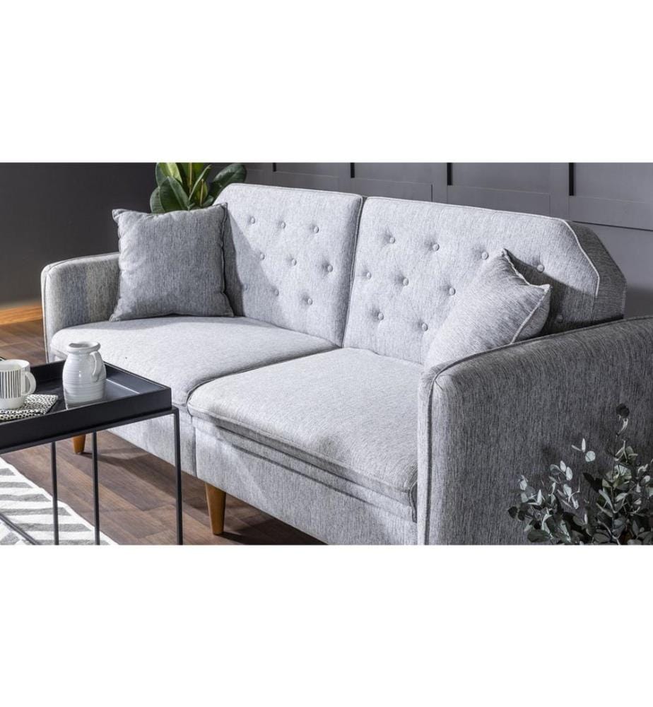 3-Seat Sofa-Bed, Grey, Hornbeam Wood / Metal Frame, Linen Fabric