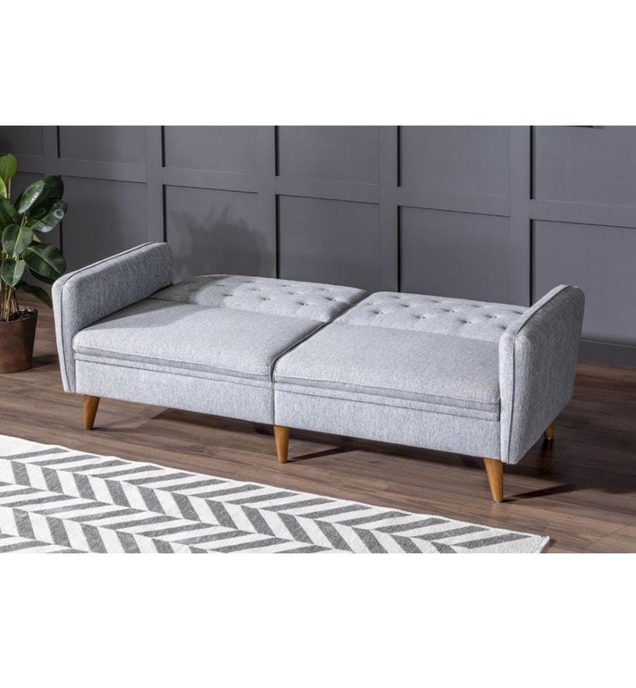 3-Seat Sofa-Bed, Grey, Hornbeam Wood / Metal Frame, Linen Fabric