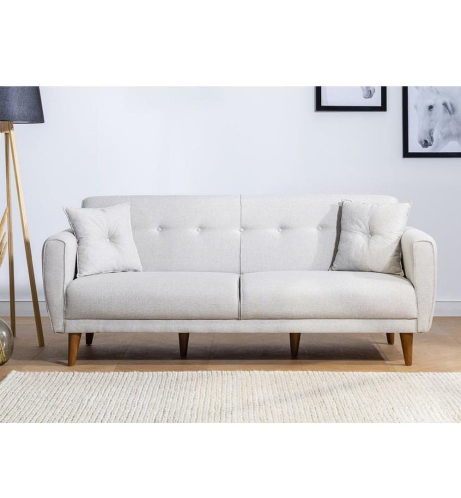 3-Seat Sofa-Bed, Cream, Hornbeam Wood Frame, Linen Fabric