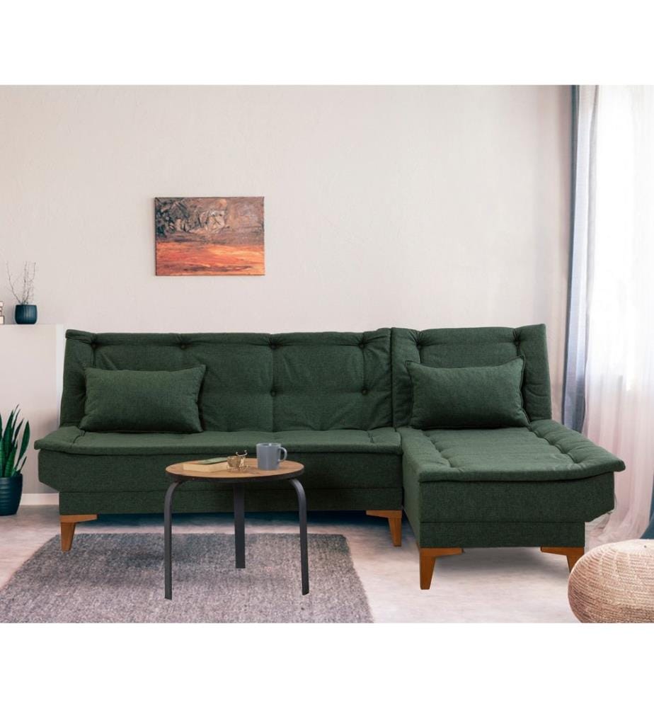 Corner Sofa-Bed, Green, Beech Wood Frame, Polyurethane / Acrylic Fabric