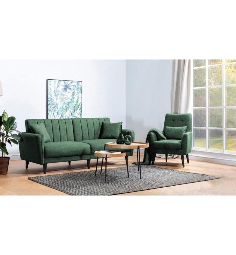 Sofa-Bed Set, Green, Hornbeam Frame, Polyester Fabric