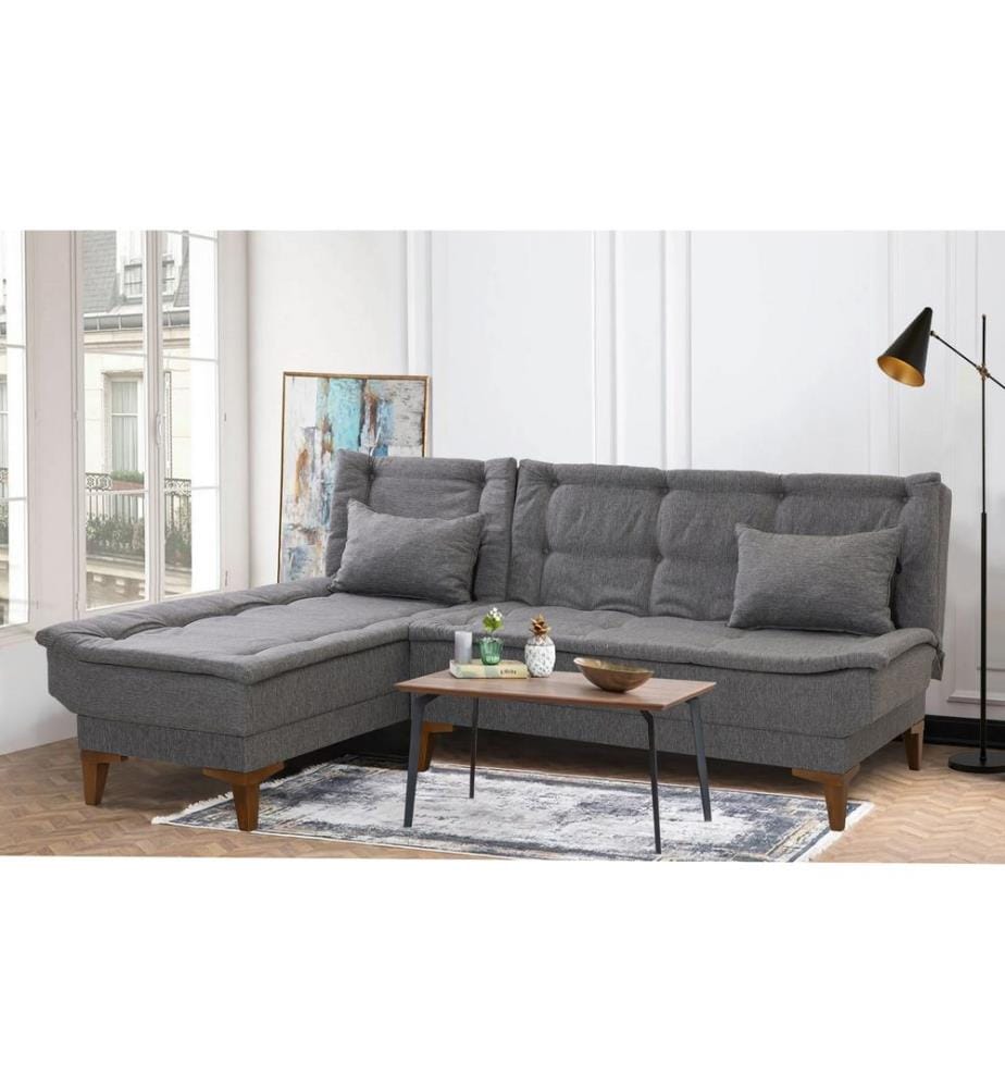 Corner Sofa-Bed, Dark Grey, Frame: Beech Wood, Fabric: 100% Linen Fabric