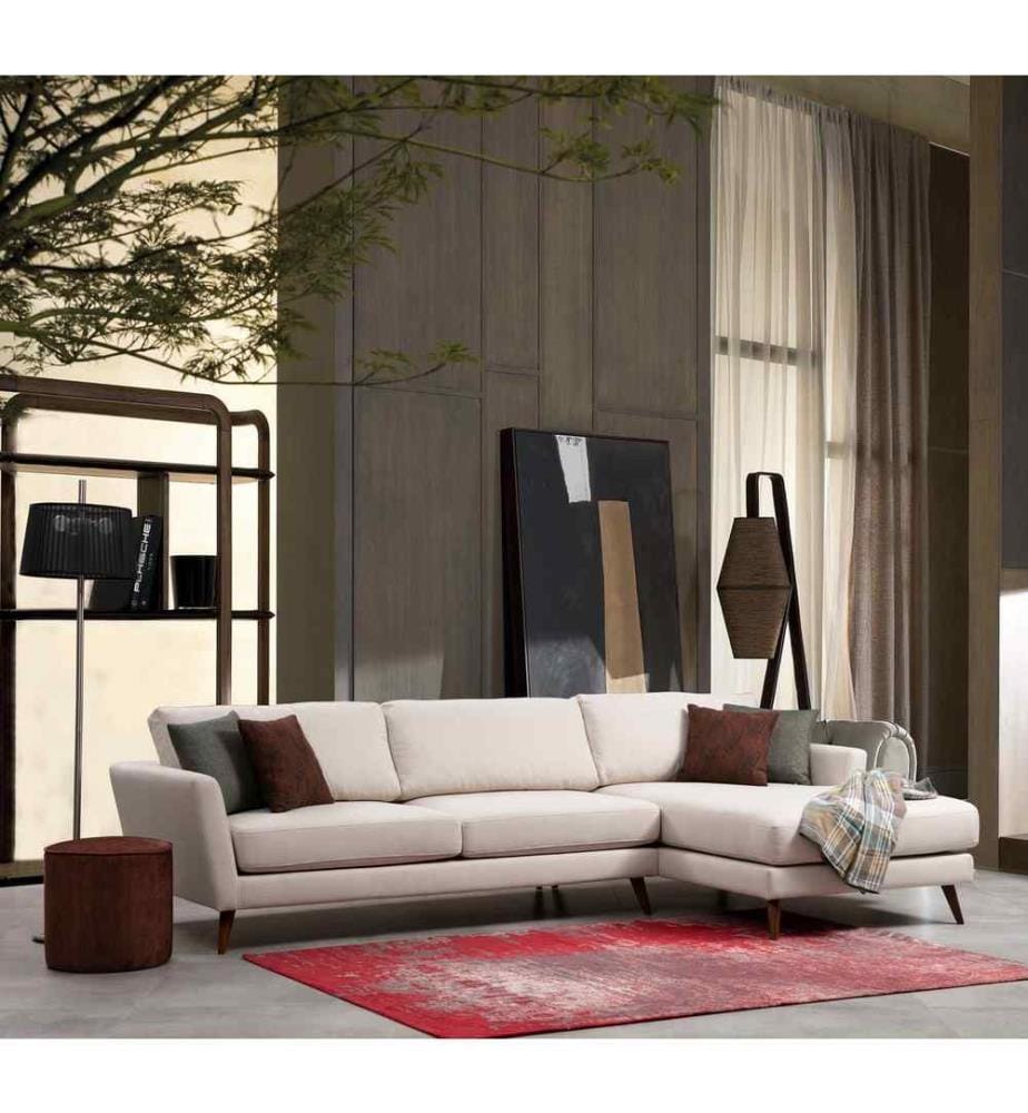 Divano-letto angolare, beige marrone, struttura in legno di faggio e truciolato, tessuto in poliestere